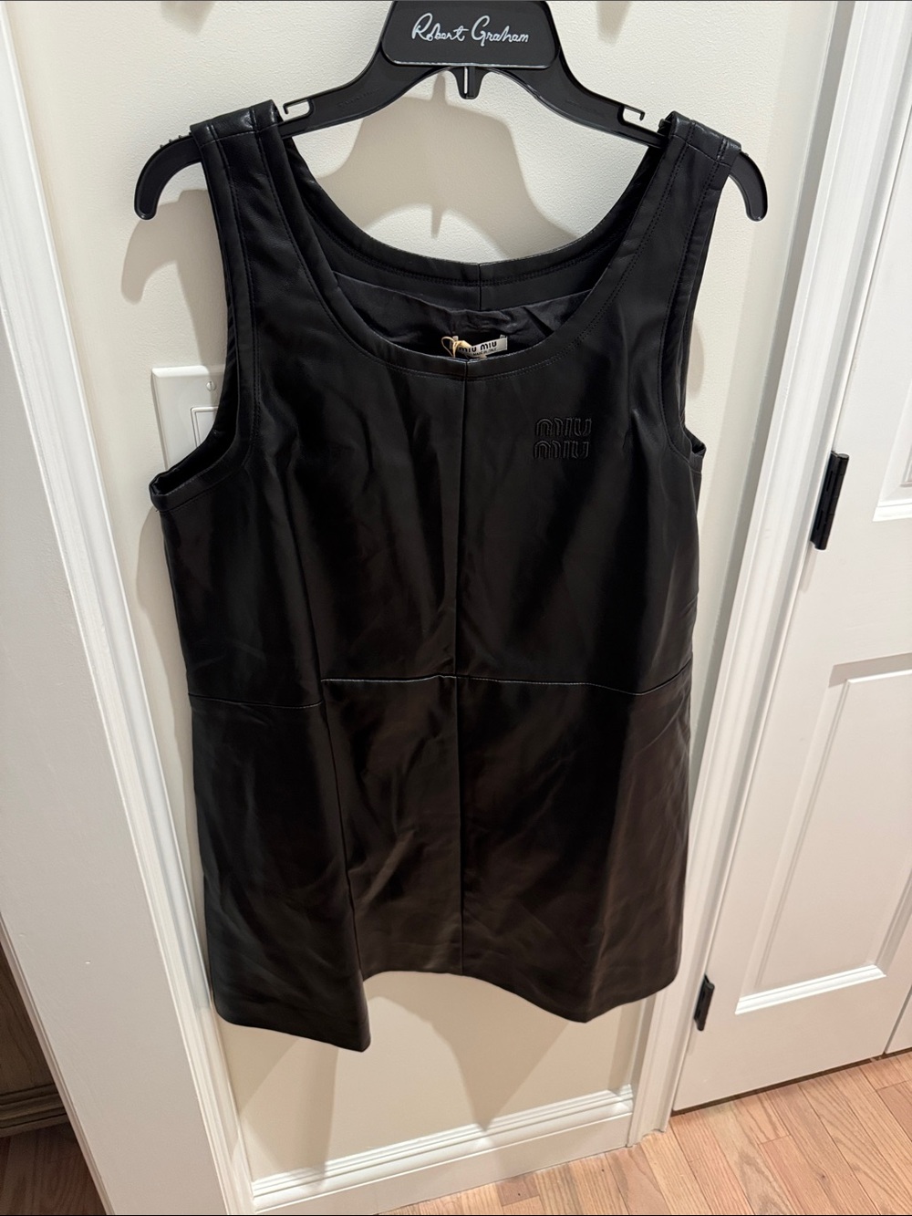 Miu Miu style Black Faux Leather Sleeveless Shift Dress
